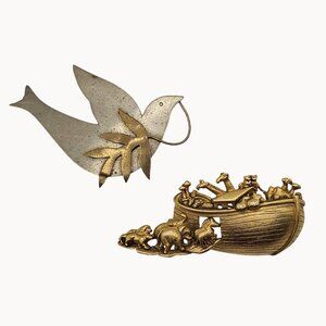 VTG Noahs Ark Brooch 2PC Animals Boat Dove Bird Faith Religion Christian Pin AJC